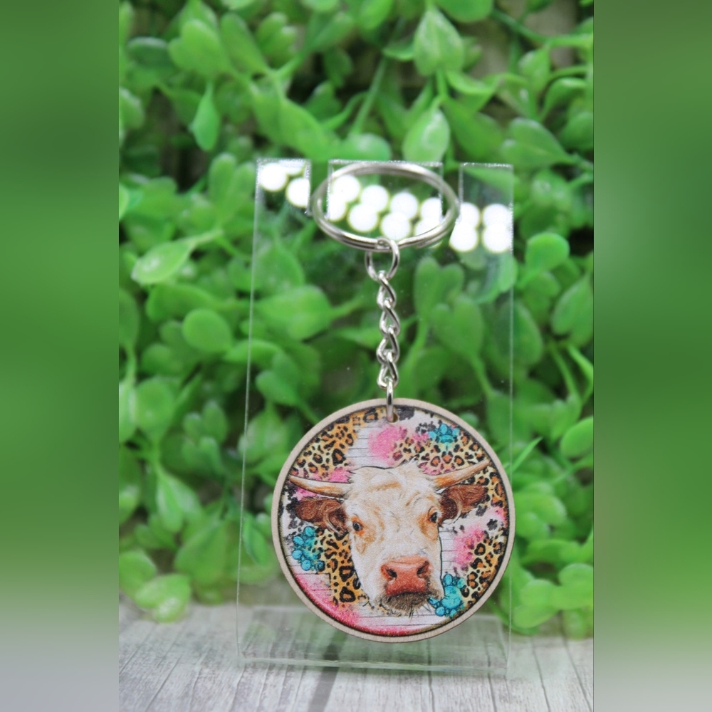 Whimsical Cow Keychain with Pink and Brown Accents